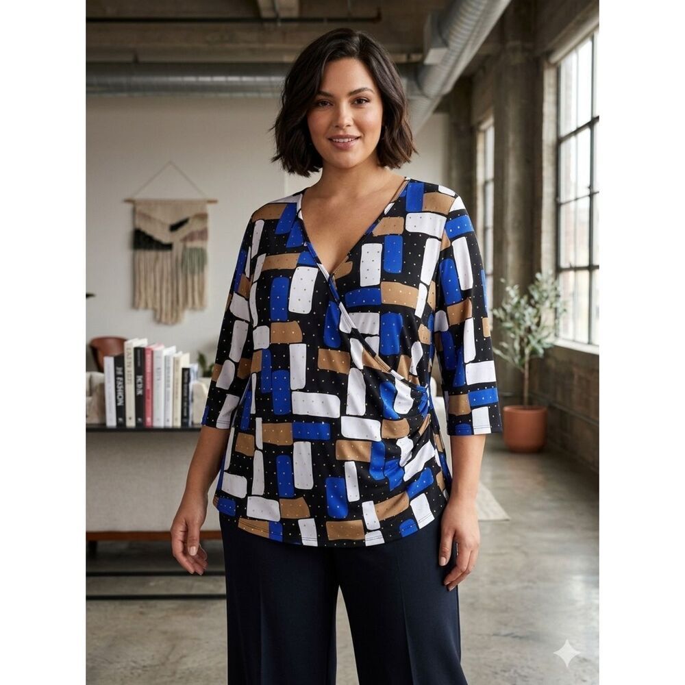 Take 50% OFF- Russell Kemp Blue, White&Brown Geometric Faux-Wrap Blouse, Size-2X